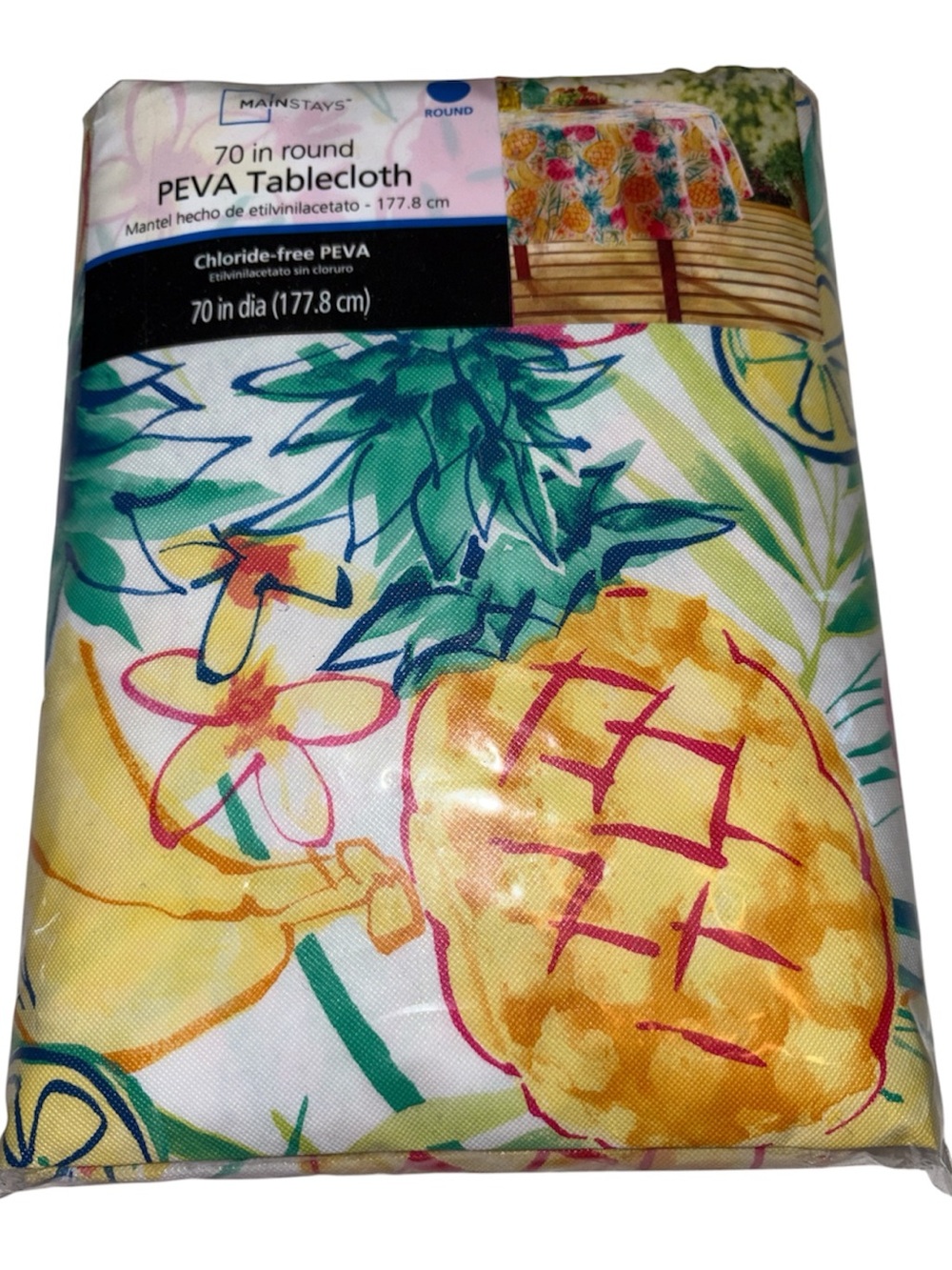 Mainstays Tropical Pineapple Round PEVA Tablecloth 70” round new in package